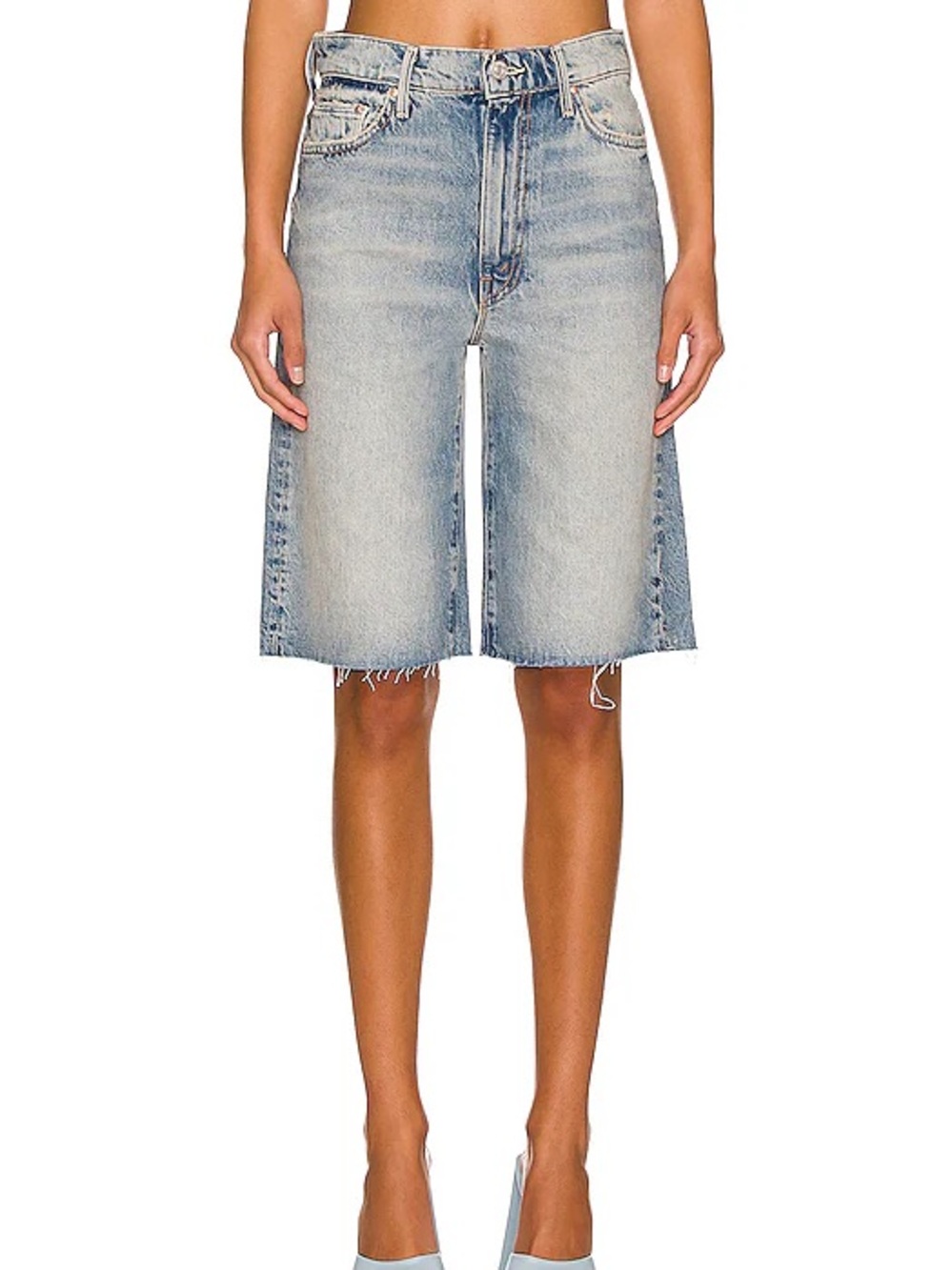 Mother Denim Undercover Knee Fray blue denim shorts